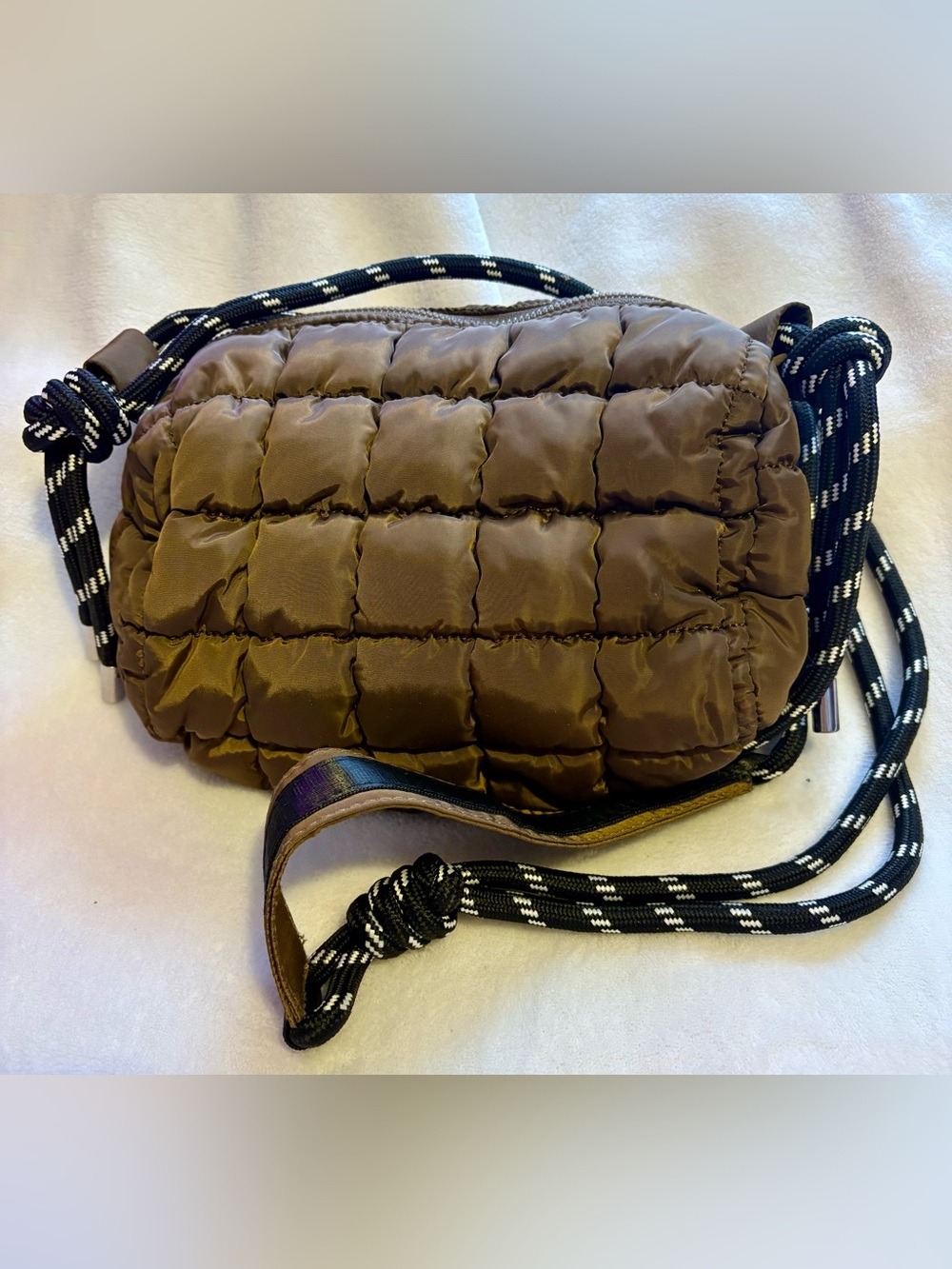 Quilted Puffer Crossbody Bag in Brown